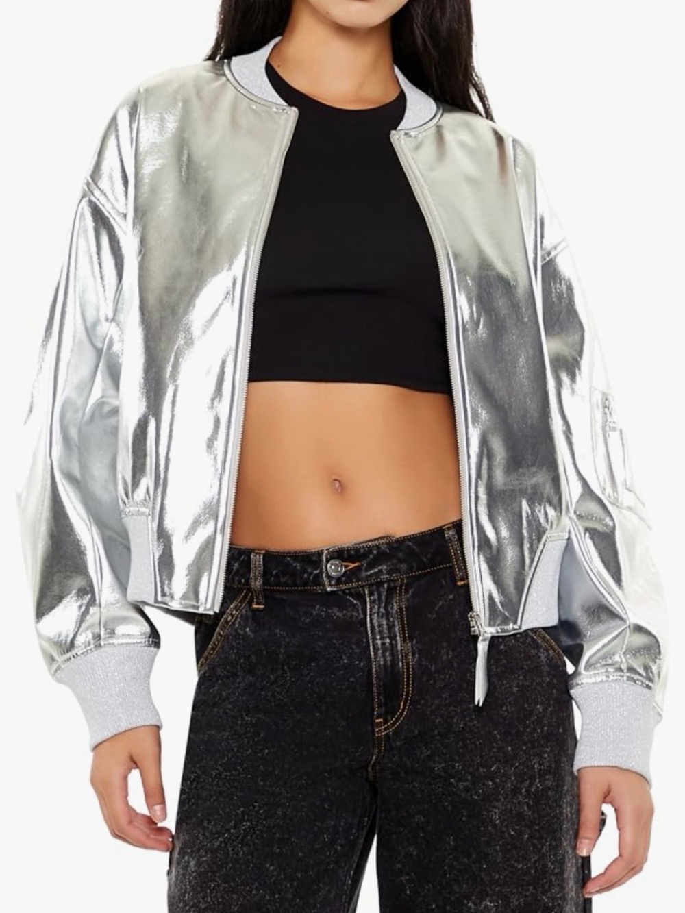 Brand New Forever 21 limited vision Silver Metallic Bomber Jacket